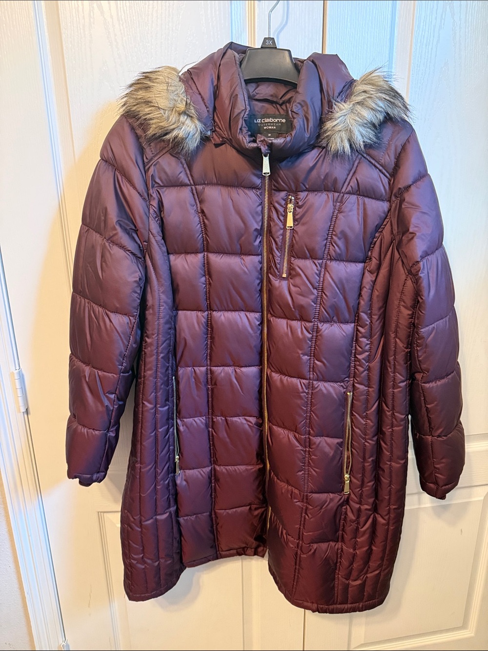 Liz Claiborne Plum Quilted Puffer Coat with Faux-Fur Trim